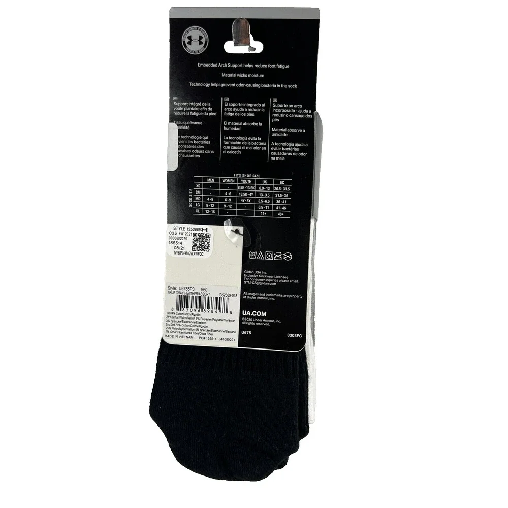 Under Armour Men’s Training Cotton Socks 3 Pairs Crew Gray White Black Large NEW